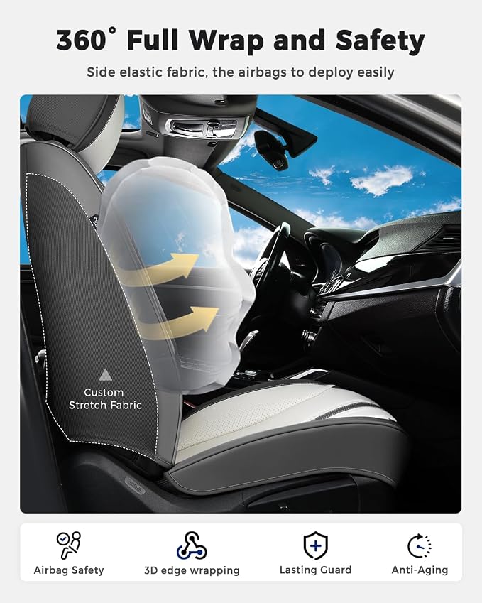 Huidasource Automotive Seat Covers, Luxury Faux Leather Seat Covers Leather, Velcro Adjustable, with Airbags, Child Seat, Cooling＆Heating, Universal Fit for Most Cars, Vans, Trucks, SUVs, Gray＆White