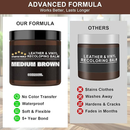 STARTSO WORLD Leather Recoloring Balm, Medium Brown Repair Kit for Furniture, Leather Dye, Color Restorer for Couches, Couch Paint | Repair, Restore & Renew Old, Faded Surfaces