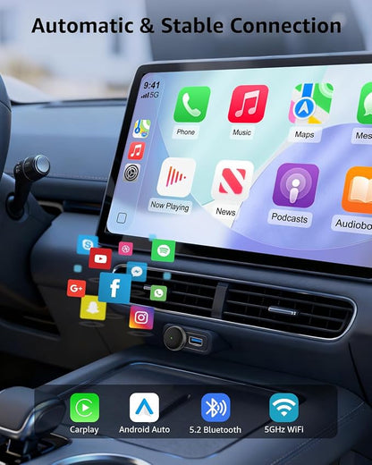 2-in-1 Wireless CarPlay & Android Auto Adapter, 50% Smaller, Converts Wired to Wireless, Zero Latency, Auto-Connection, Plug & Play Adapter for Apple iPhone iOS 10+ & Android 11+