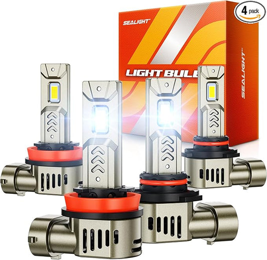 SEALIGHT 9005/HB3 H11/H9/H8 LED Bulbs Combo, 90000LM 10X Brighter than Original Bulb, 6500K Daylight White, 25000RPM Cooling Fan Light Bulbs with 70000Hrs Lifespan, Pack of 4