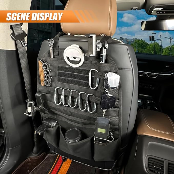 Tactical Molle Car Seat Back Organizer, Vehicle Panel Car Seat Back Cover Protector with 5 Storage Pouch, Universal Backseat Storage Organizer with USA Flag Patch for Car SUV Truck MPV (Black-2 Pcs)