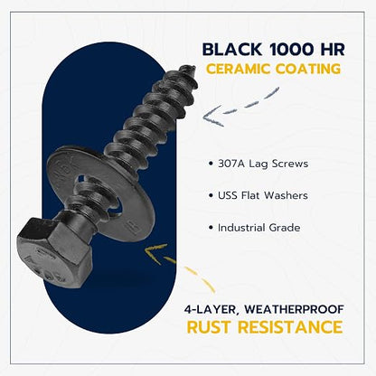 3/8 x 2 (50 Pack) Lag Screw Kit, 50 Screws and 50 Washers, Ceramic Black Ruspert Coating for Exterior Use, Meets ASTM A307 and ASME B18.2.1, Industrial/Commerical Grade by Makers Bolt