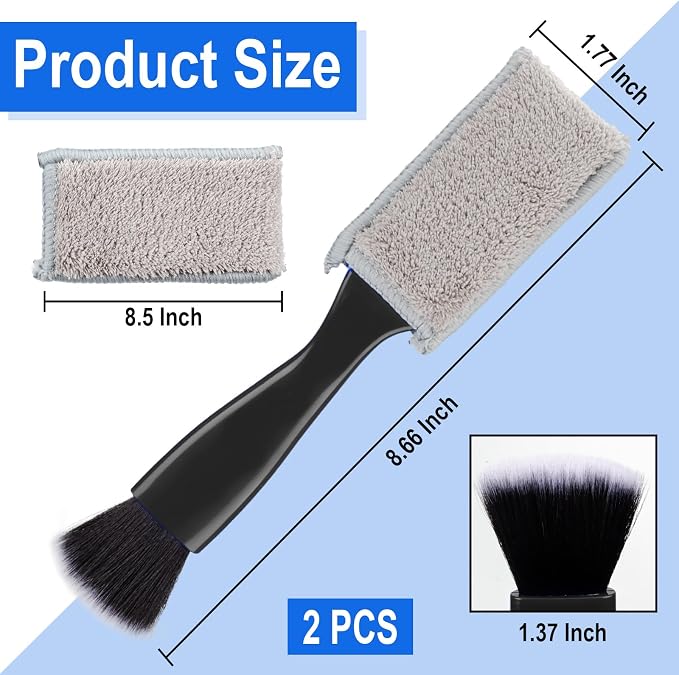 BFXM 2PCS Double Head Brush for Car Clean, Car Accessories Universal 2 in 1 Car Detailing Brush, Double Ended Portable Dust Brush with 4 Cleaning Cloth, for Air Conditioner Outlets, Dashboard Screen