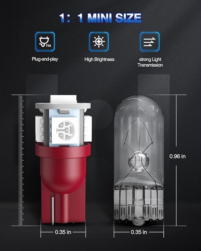 Marsauto 194 LED Bulb Brilliant Red 168 T10 2825 5SMD No Polarity Replacement Bulbs for Car Dome Map Door Courtesy License Plate Dashboard Lights (Pack of 10)