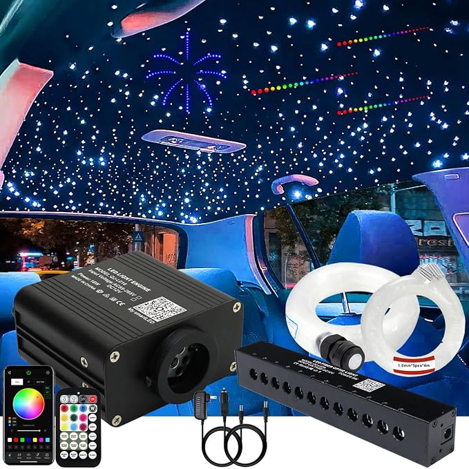 AZIMOM 16W Twinkle & Sound Activate 600pcs*0.03in*13.1ft Fiber Optic Starlight Headliner Kits+RGB Meteor Shooting Star,APP& Remote Control Light Engine End Glow Fiber Strands Home Car Ceiling Décor