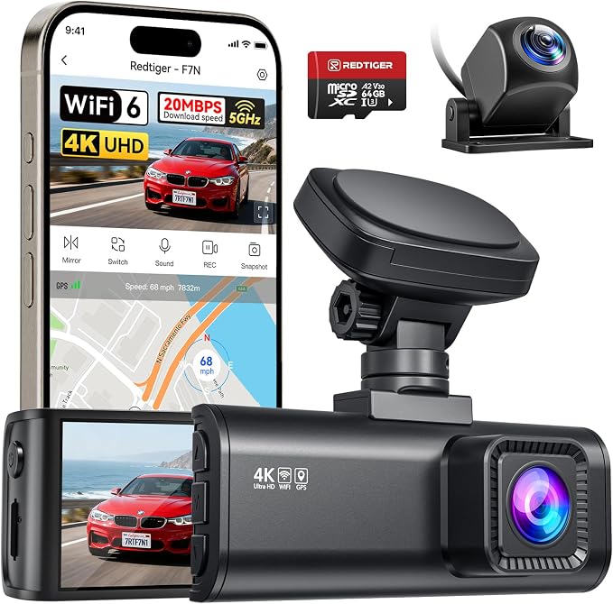 REDTIGER F7N Dash Cam 4K Front and Rear 1080P, 5.8GHz WiFi-20 MB/s Fast Transfer, 2160P/FHD Car Dash Camera with 64GB Card, Smart App Control, Precise GPS, Night Vision, 24H Parking Mode