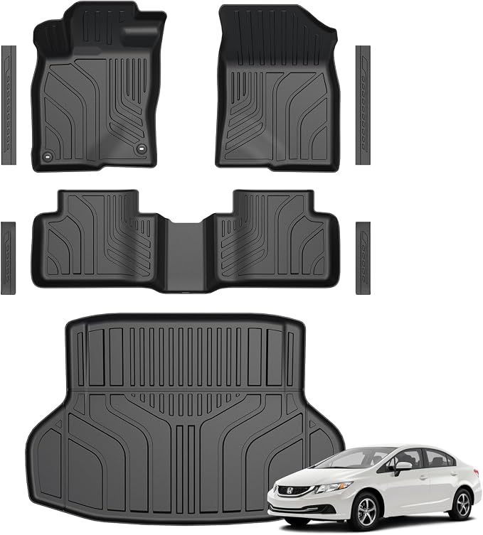 Floor Mats for Honda Civic Sedan 2012-2015, All Weather Floor Mats Trunk Cargo Liner and Door Sill Guards Accessories, Full Coverage Set (Not fit Coupe or Hybrid Models)