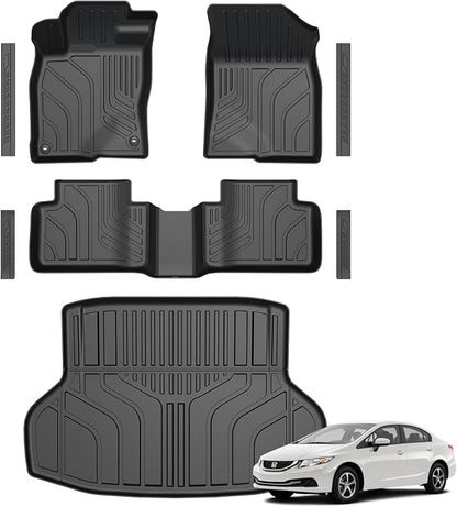 Floor Mats for Honda Civic Sedan 2012-2015, All Weather Floor Mats Trunk Cargo Liner and Door Sill Guards Accessories, Full Coverage Set (Not fit Coupe or Hybrid Models)