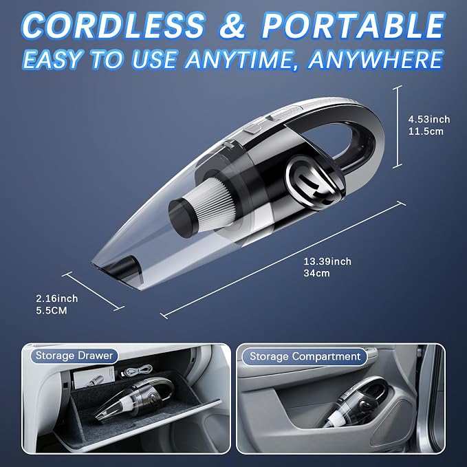 Handheld Vacuum Cordless, 15000Pa Powerful Car Vacuum Cleaner - 7800mAh Rechargeable Portable Mini Vacuum with 70000RPM Motor, 5 Nozzles, Low Noise, Washable Filter, for Car, Home, Office, Pet