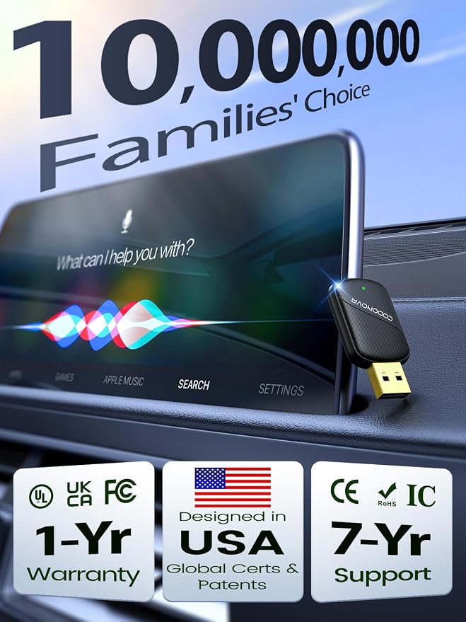 Mini Wireless CarPlay Adapter for Apple iPhone & Android Auto - Convert Wired to Wireless, Gold-Plated USB, Fast, Stable & Auto Reconnect in 5 Seconds, for OEM Wired Apple CarPlay Cars 2016+