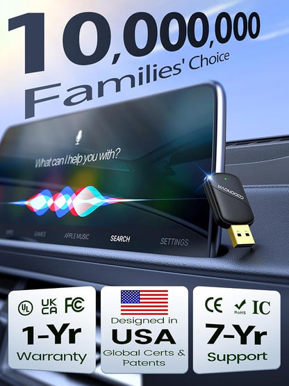 Mini Wireless CarPlay Adapter for Apple iPhone & Android Auto - Convert Wired to Wireless, Gold-Plated USB, Fast, Stable & Auto Reconnect in 5 Seconds, for OEM Wired Apple CarPlay Cars 2016+
