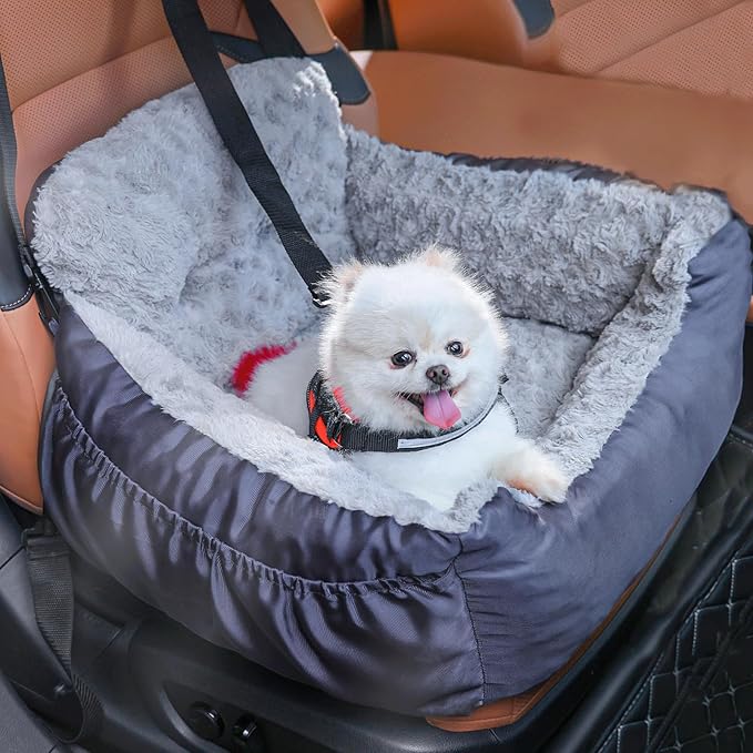 Oiilores Dog Car Seat for Small Dogs, Washable Pet Booster Car Seats with Clip-On Safty Leash, Comfy Deluxe Plush Carseat with Storage Pockets, Puppy Travel Carrier Bed for Dogs Under 25 lbs, Grey