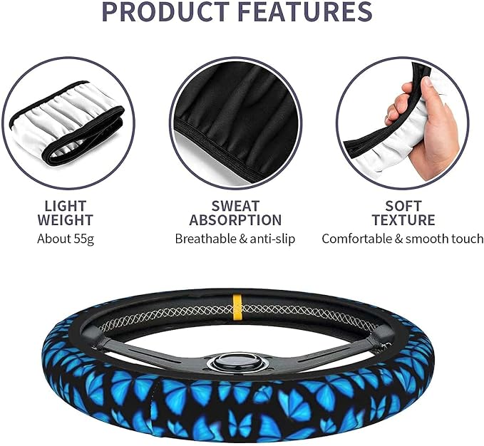 Blue Butterfly Steering Wheel Covers Non Slip Neoprene Steering Wheel Protector Universal 15 inch for Women Men Car