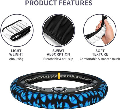 Blue Butterfly Steering Wheel Covers Non Slip Neoprene Steering Wheel Protector Universal 15 inch for Women Men Car