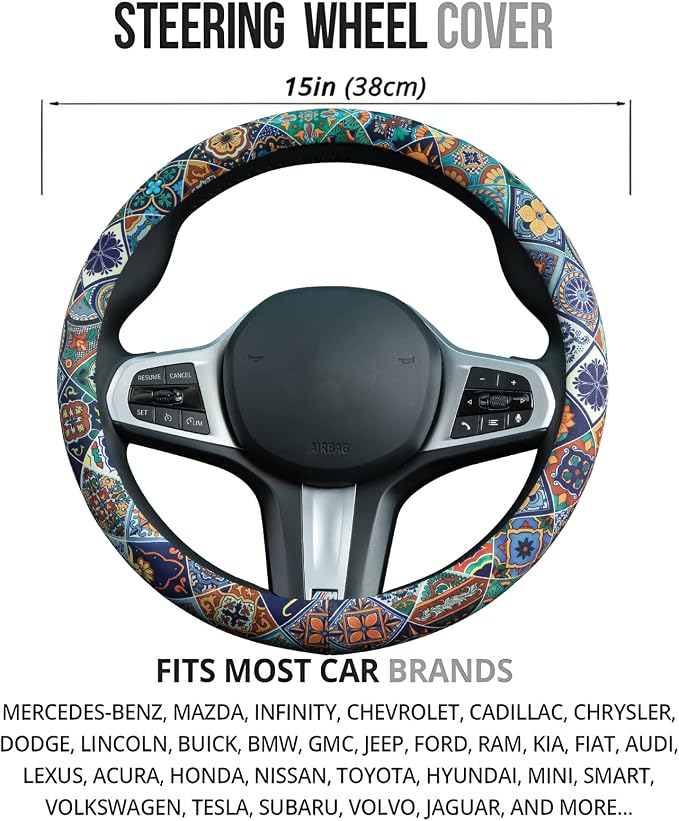 Mexican Talavera Tiles Style Steering Wheel Cover Auto Steering Wheel Protector, Anti-Slip, Breathable, Absorbing Sweat, Universal Mexican Car Accessories 14.5–15 inch,Fit for Most Car, Trucks, SUV