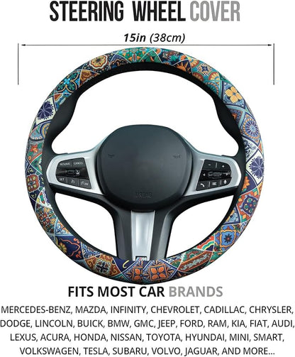 Mexican Talavera Tiles Style Steering Wheel Cover Auto Steering Wheel Protector, Anti-Slip, Breathable, Absorbing Sweat, Universal Mexican Car Accessories 14.5–15 inch,Fit for Most Car, Trucks, SUV