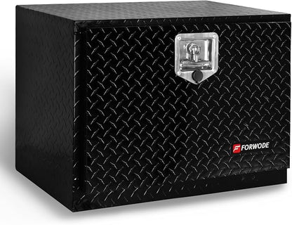FORWODE 24x17x18 Inch Underbody Truck Tool Box Aluminum Trailer Tool Box with Lock & Foldable T-Handle Waterproof Truck Storage Box for Pickup Truck, Trailer, RV, ATV, Indoor（BLACK）