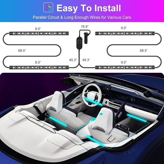 Hovano Car Interior LED Lights, APP Control with Car Charger, RGB Color Change with Music Sync & DIY Mode, 12V 2 Lines Design for Under Dash Running Board Truck