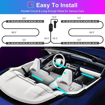 Hovano Car Interior LED Lights, APP Control with Car Charger, RGB Color Change with Music Sync & DIY Mode, 12V 2 Lines Design for Under Dash Running Board Truck