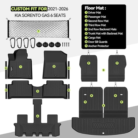 Tongama-Floor Mats for 2021-2026 Kia Sorento Gas 6 Seats/Captain Seat (Not for Hybrid), All Weather TPE Trunk Mat with Backrest Mat & 2nd Row Backrest Mats & Cargo Net & Door Sill Guards