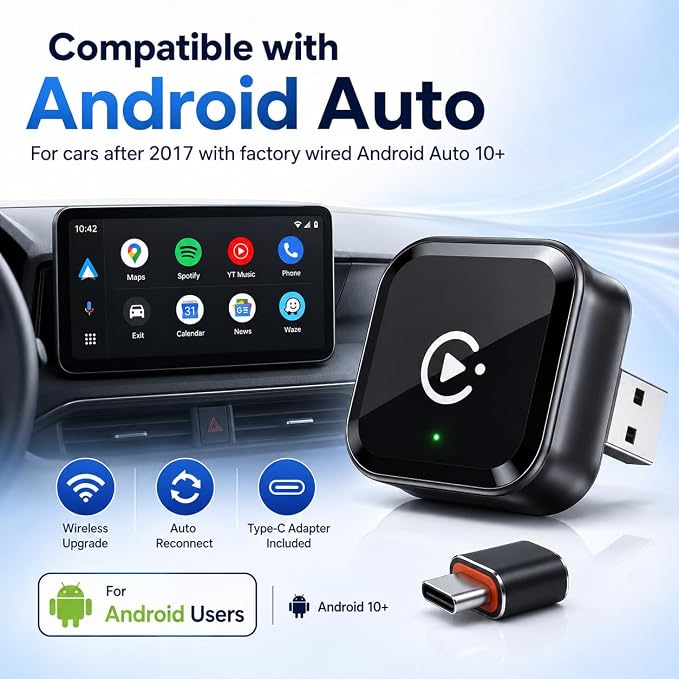 2026 Wireless CarPlay and Android Auto Adapter, Mini Wired to Wireless CarPlay Adapter, Fast Low-Lag Auto-Connect Bluetooth Car Play Dongle, Stable Connection, USB & Type-C for Cars