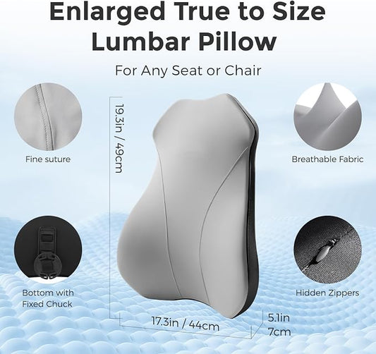 Lumbar Support Pillow for Car, Memory Foam Back Cushion for Driving Seat, Truck Accessories Travel Essentials, Back Pain Relief, Washable Cover, Plus Size Lower Back Support Fits Most Cars (Gray)