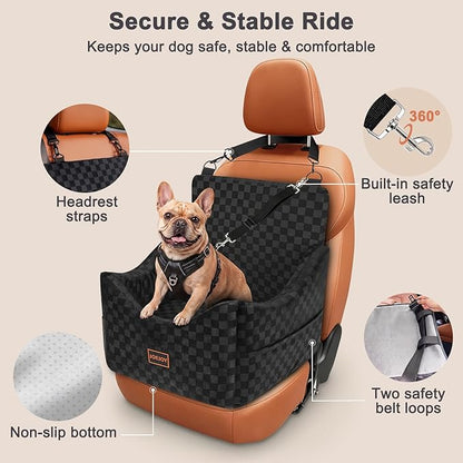 JOEJOY Elevated Dog Car Seat for Small/Medium Dogs up to 35 lbs, Memory Foam Booster Seat with Detachable Washable Cover, Travel-Safe Car Bed with Safety Belts & Storage Pockets, Black