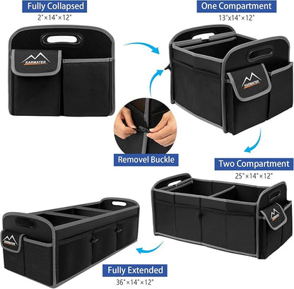 M KARMATER Car Trunk Organizer,Machine Washable PP Materials 3 Compartments Car Storage,95L Waterproof Polyester Cars Accessories Organizer and 6 Pockets, Suitable for SUV, Minivan, Truck(Black)