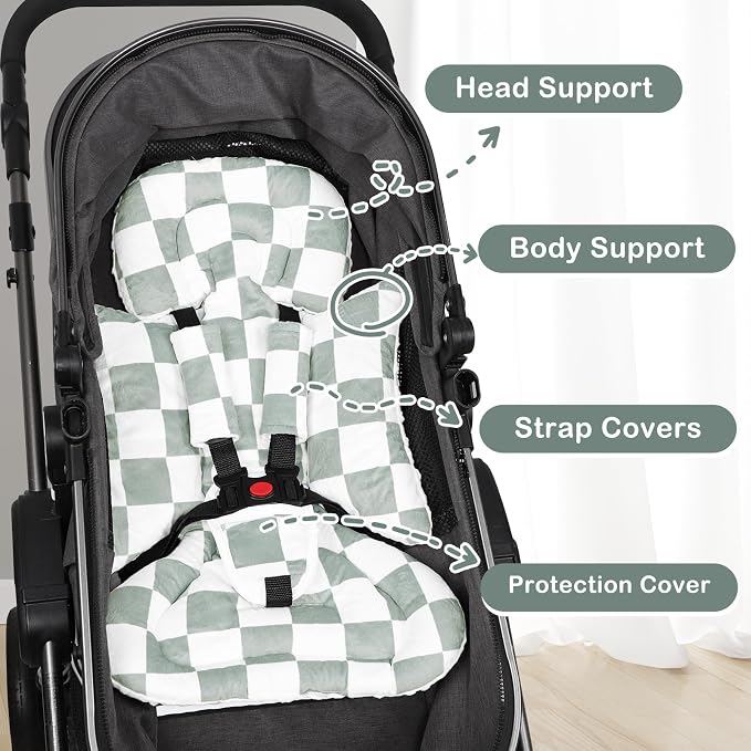 DILIMI Infant Car Seat Insert, Baby Car Seat Head Support with 3 Strap Paddings, Soft Newborn Car Seat Cushion for Stroller, Swing, Bouncers, Green Checkered