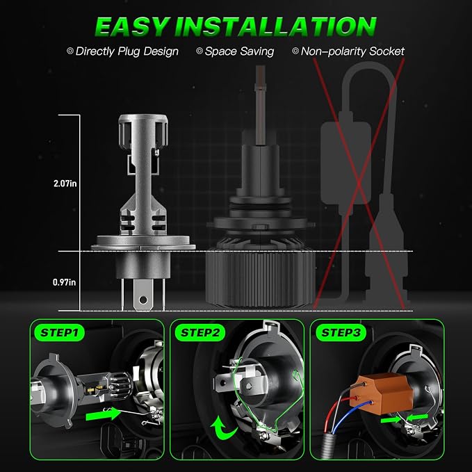9003 𝗛𝟰 Bulbs - 60000LM Super Brightness 1:1 Size, 6500K Fog Bulb with Turbo Cooling Fan, Non-Polarity, Pack of 2