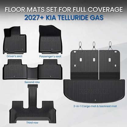 Floor Mats Set for 2027 Kia Telluride 7&8 Seats Gas Only, All Weather TPE Floor Liners Backrest Mat Trunk Mat Cargo Liner Accessories