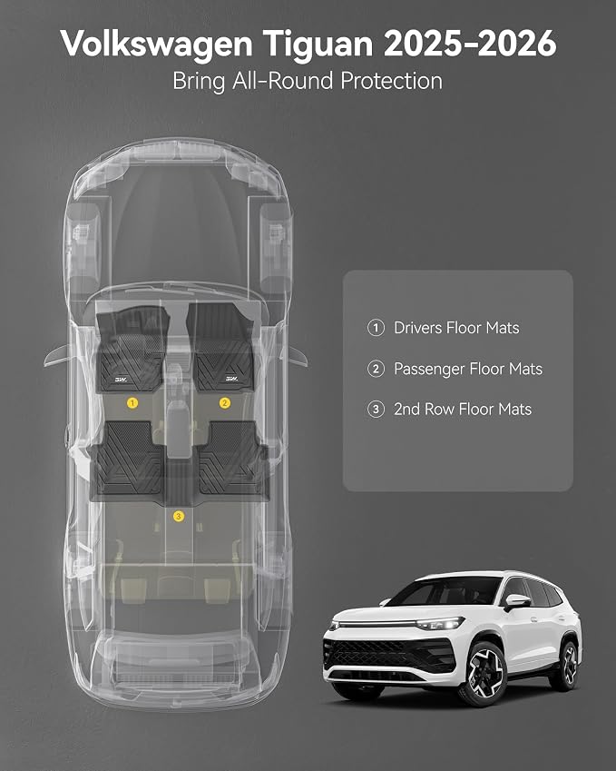 3W Floor Mats for Volkswagen Tiguan 2025 2026, All-Weather Protection TPE Car Mats 2 Rows VW Tiguan Accessories, Black