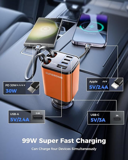 [Upgraded] 6 in 1 Retractable Car Charger, SUPERONE Smaller Fast Car Phone Charger 99W with Cord, USB C and iPhone Car Charger Adapter, Compatible iPhone 17/17 Pro Max/16/15/14/13/12/11, Sumsung
