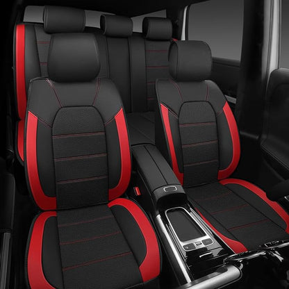 CAR PASS 5 Seats Leather Car Seat Covers, Sideless Car Seat Protectors with Storage Pocket, Water Resistance Seat Cover, Universal Fit Most Cars, SUVs, Trucks and Vans (Full Set,Black and Red)