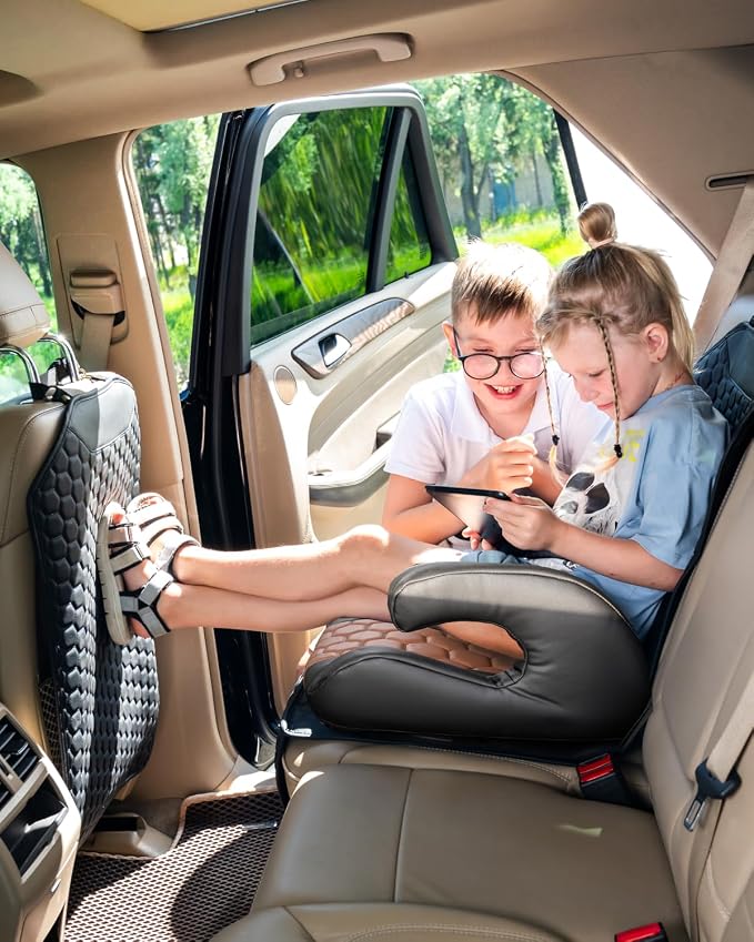 Owleys Backless Booster Car Seat with Latch Connectors, Kids Booster Seat for Car 40-100 lbs, Waterproof Eco Leather Cushion & Anti-Slip Base, Portable Travel Design for Ages 4-12, Black-Brown