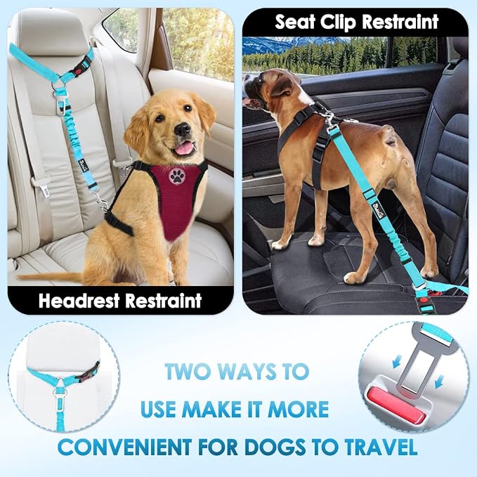 Lukovee Dog Car Seat Belt, 2 Pack Headrest Restraint Seatbelt, Adjustable Pet Safety Leads with Reflective Elastic Bungee for Dog Harness Collar Travel Daily Use (Tiffany Blue,Headrest+Clip)