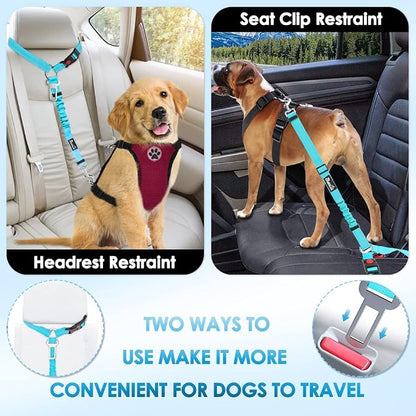 Lukovee Dog Car Seat Belt, 2 Pack Headrest Restraint Seatbelt, Adjustable Pet Safety Leads with Reflective Elastic Bungee for Dog Harness Collar Travel Daily Use (Tiffany Blue,Headrest+Clip)