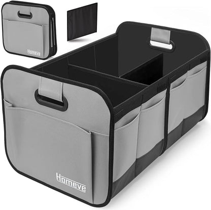 Homeve Car Trunk Organizer for SUV, 18.5Gal Large Capacity No-Sag Heavy Duty, Foldable Waterproof Anti-Slip Storage with 12 Pockets, Fit Sedan, Truck, Universal Car Accessories, Grey, 2 Compart,Large