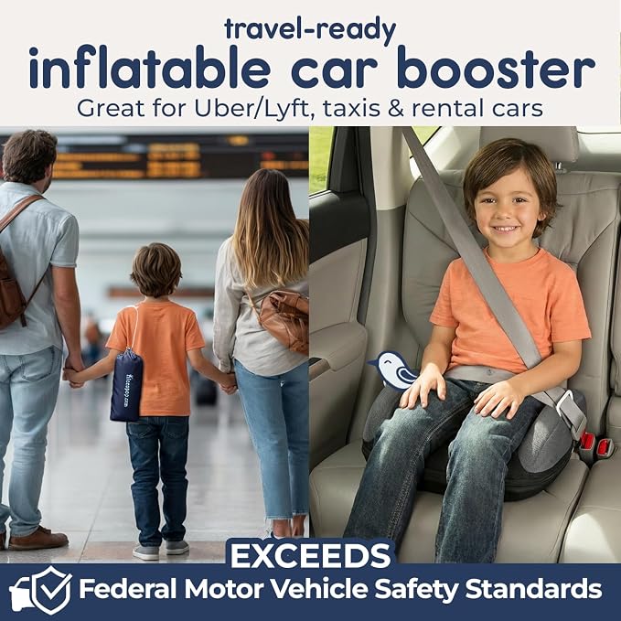 Hiccapop UberBoost Inflatable Booster Car Seat | Blow up Narrow Backless Booster Car Seat for Travel | Portable Booster Seat for Toddlers, Kids, Child | Black/Gray
