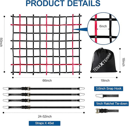 Cargo Net for Pickup Truck Bed with 4Pcs Ratchet Tie-Down Straps, 50"x66", (WLL) 1100lbs, Heavy Duty Storage Netting for Trailer's Cargo Carrier