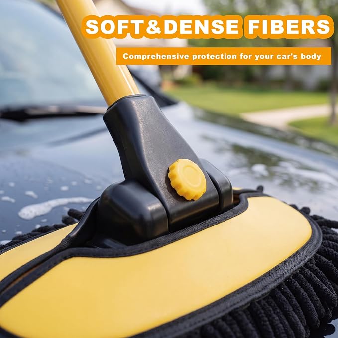 Car Wash Mop with Long Handle 15° Curved Extension Microfiber Scratch-Free Car Wash Brush with 1300GSM Thickened Drying Towel & Soft Bristle Tire Brush Complete Car Wash Kit (Yellow & Black)