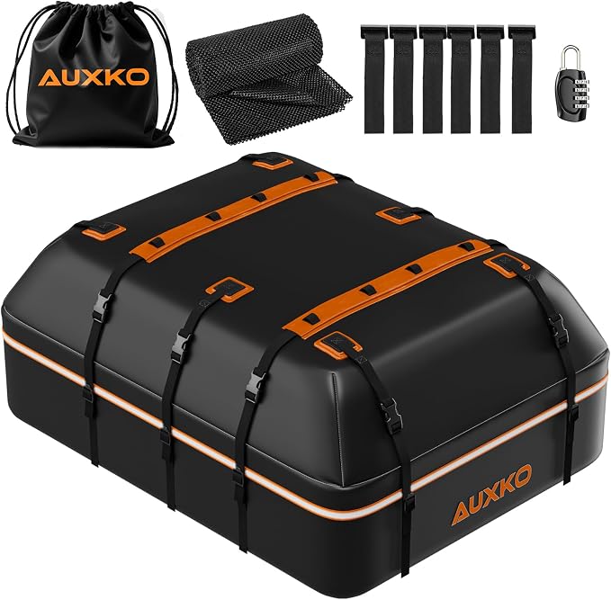 AUXKO 22 Cubic Ft Waterproof Rooftop Cargo Carrier Bag for All Vehicles with/Without Roof Rack, Soft Shell Car Roof Bag with Reflective Strip Includes Anti-Slip Mat, 6 Door Hooks & Combination Lock