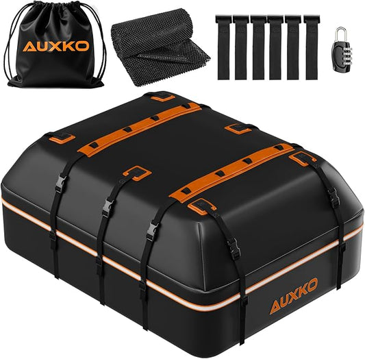 AUXKO 22 Cubic Ft Waterproof Rooftop Cargo Carrier Bag for All Vehicles with/Without Roof Rack, Soft Shell Car Roof Bag with Reflective Strip Includes Anti-Slip Mat, 6 Door Hooks & Combination Lock