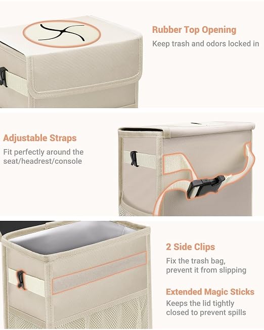 Capolo Car Trash Can with Lid, Leakproof Car Trash Bag Hanging Waterproof Automotive Garbage Can with Storage Pockets Mini Vehicle Trash Bin for Back/Front Seat(Beige,4 Gallon)
