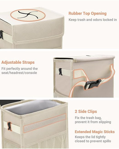 Capolo Car Trash Can with Lid, Leakproof Car Trash Bag Hanging Waterproof Automotive Garbage Can with Storage Pockets Mini Vehicle Trash Bin for Back/Front Seat(Beige,3 Gallon)