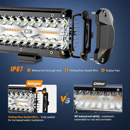 Nilight 20Inch 420W LED Light Bar 2PCS 4Inch 60W Light Pods Amber White Strobe 6 Modes Memory Function Reset Function Off Road Truck with 16AWG Wiring Harness Kit-3 Lead