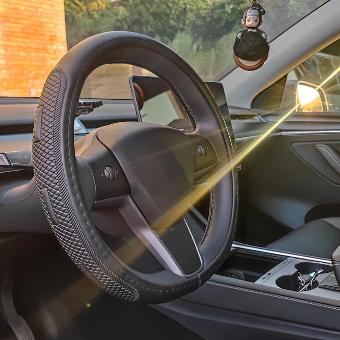 D Shape Steering Wheel Cover for Tesla Model 3 / Y, for Camaro, 14-14.25 Inch Black Leather Car Wheel Cover for Men Women