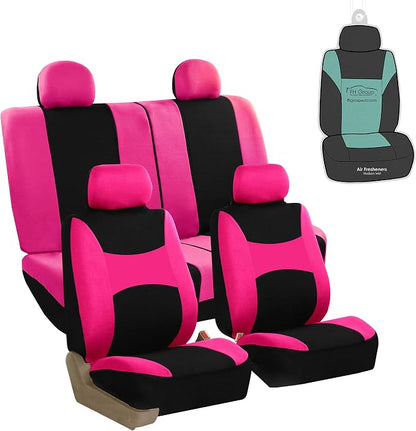 FH Group Stylish Full Set Car Set Covers Front Set and Rear Split Function, Airbag Compatible – Universal Fit for Cars Trucks & SUVs (Pink/Black)