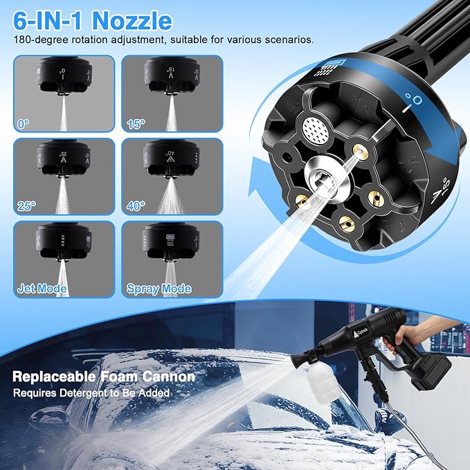 Portable Washer with 6-in-1 Nozzle Handheld Cordless Car Wash Gun Generic Washing Tool for Motorcycle Yard Home Garden Irrigation