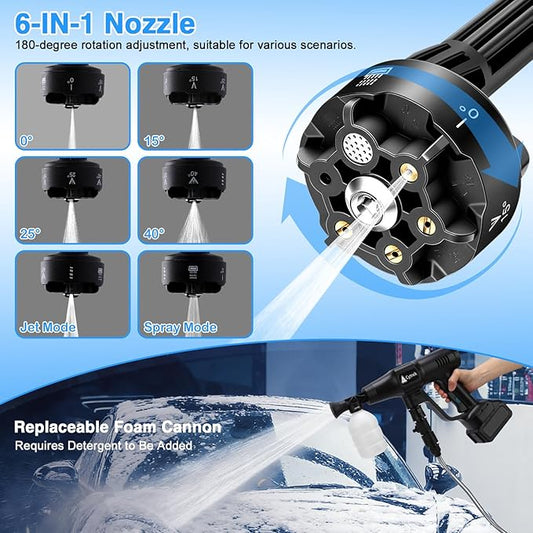 Portable Washer with 6-in-1 Nozzle Handheld Cordless Car Wash Gun Generic Washing Tool for Motorcycle Yard Home Garden Irrigation